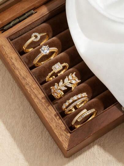 6 قطع مجموعة خواتم فرنسية أنيقة ذات تصميم فاخر وبسيط، مرصعة بالكريستال والأوراق والصدف، مناسبة للنساء للاستخدام اليومي والمناسبات