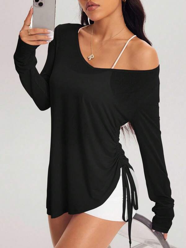 Plus Size Women Sports Long Sleeve T-Shirt - Black V-Neck Drawstring Loose Undershirt - Yoga Casual Sports Fitness