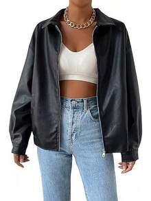 Drop Shoulder Zip Up PU Cropped Leather Jacket In Fall/Winter Jackets For Women - Black - View 1