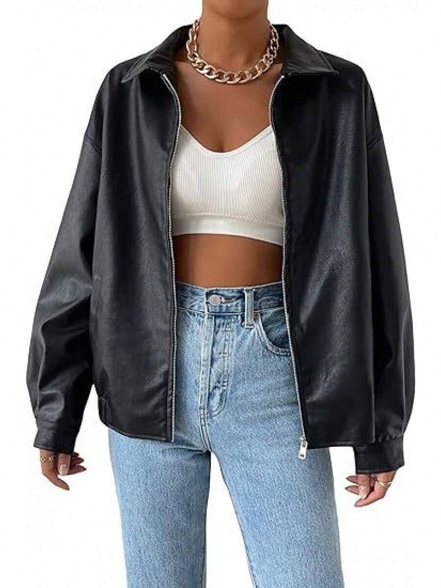 Drop Shoulder Zip Up PU Cropped Leather Jacket In Fall/Winter Jackets For Women - Black - View 1