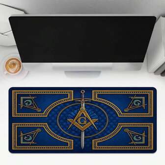 1pc Mystic Symbols Extended Mouse Pad | Ornate Blue & Gold Design With Sword, Compass & Square Motifs, Non-Slip Rubber Base & Smooth Precision Surface | Ideal Desk Accessory For Freemasonry Enthusiasts, Mysticism Fans, Gamers & Office Use | Perfect Gift For Secret Society Aficionados & Vintage Craft Lovers