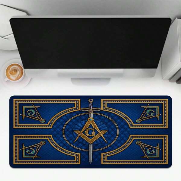 1pc Mystic Symbols Extended Mouse Pad | Ornate Blue & Gold Design With Sword, Compass & Square Motifs, Non-Slip Rubber Base & Smooth Precision Surface | Ideal Desk Accessory For Freemasonry Enthusiasts, Mysticism Fans, Gamers & Office Use | Perfect Gift For Secret Society Aficionados & Vintage Craft Lovers
