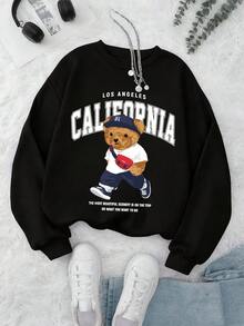 California Bear Graphic Loose Fit Crew Neck Long Sleeve Sweatshirt For Women - Black - View 3