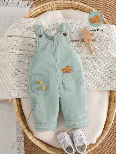 Baby Boy Casual Cute Corduroy Decorated With Bear Embroidery Strap Jumpsuit, Comfortable For Autumn