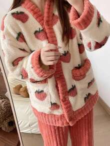 2pcs/Set Coral Fleece Pajama Set, Warm & Cozy Winter Sleepwear, Plush Soft Loungewear, Two Pieces Set Outfits, Fall Winter Clothes