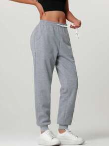 女士冬季保暖抓绒运动裤 - 高腰弹力腰带运动休闲裤，适合跑步、瑜伽等运动 - 灰色 - 查看 6