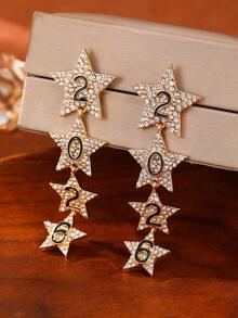 1 Pair Women Rhinestones 2026 Star Long Earring,Fashion Xmas Star Earring Studs For New Year/Christmas Party