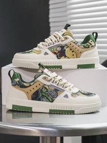 Men's Stylish Mixed Color Patchwork Fabric Low-Top Skateboard Shoes, Random Print Niche Sneakers For Teenagers And Daily Casual Wear, Height Increasing - Rice Green - View 3