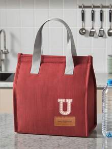 1pc Pearl Letter Pattern Canvas Tote Bag, Simple English Letter Solid Color DIY Handheld Insulated Lunch Bag, Lunch Box Bag, Thermal Lunch Bag, Large Capacity Insulated Lunch Tote Bag For Students, Office Workers, Waterproof, Oil-Proof - Multicolor - View 100