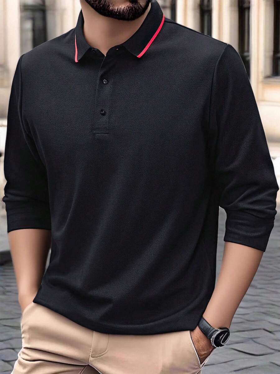 男士休閒寬鬆長袖 Polo 衫,輕量聚酯纖維,極簡商務休閒校園風 T-shirt - 黑色 - 查看 1