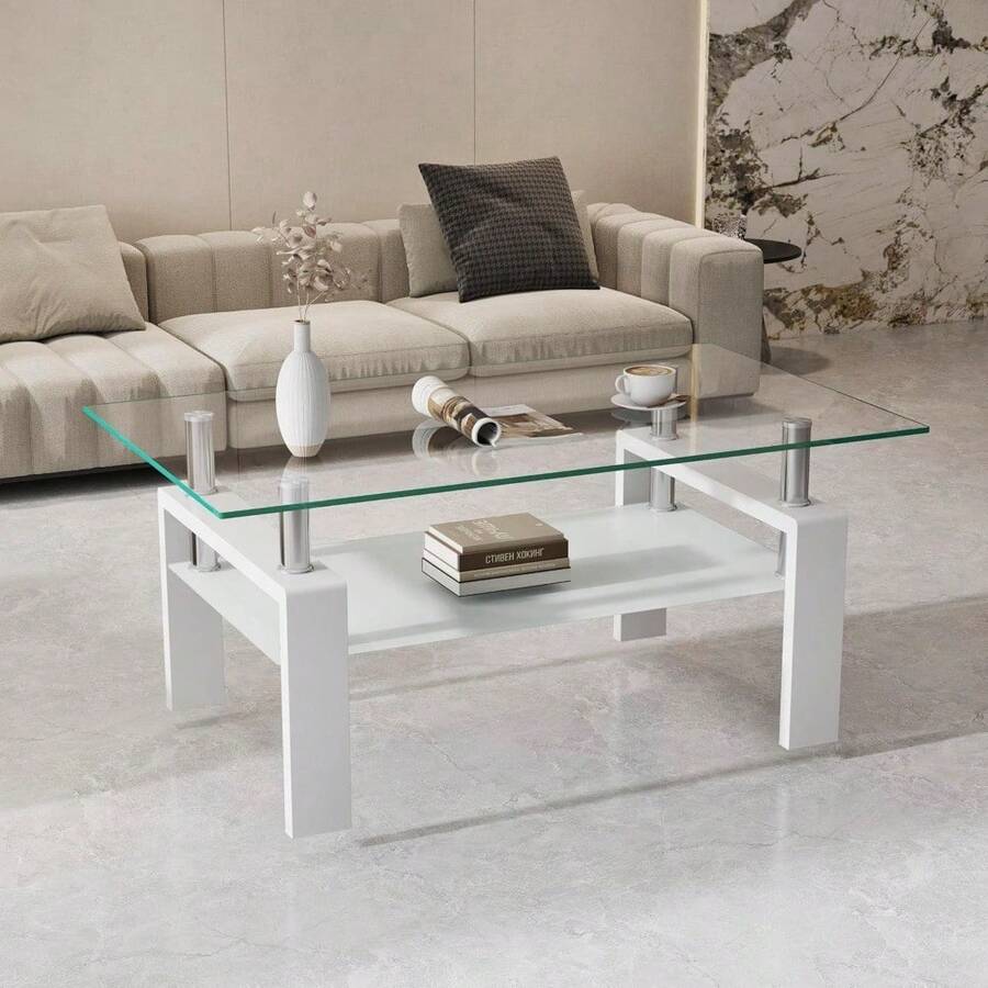 Glass Coffee Table For Living Room, Modern Coffee Table With Transparent Tempered Glass Top And White Metal Legs, Rectangle Tea Table For Home - White - View 1