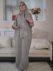 New Comfortable Breathable Fashion Print Loose Fit Praying Robe Modest Long Sleeve Abaya Arabian Dress With Scarf Integrated - Grey - View 8