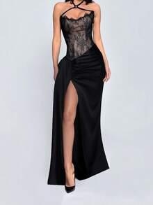 Damen Schwarzes Sexy Neckholder-Spitzenkleid mit Schlitz, Herbst Schulanfang, Party, Urlaub - Schwarz - Übersicht 7