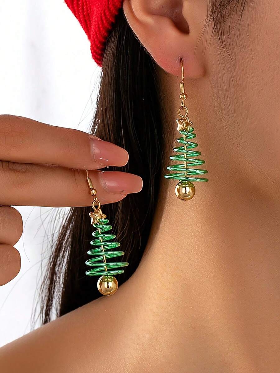 1 paire de boucles d'oreilles pendantes à la mode pour femmes, boucles d'oreilles élégantes minimalistes en forme d'arbre de Noël rotatif, boucles d'oreilles en forme d'arbre de Noël avec fil vert, cadeau de Noël, Réveillon de Noël, fête de Noël pour la petite amie