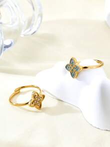 1 件优雅奢华精致简约欧洲复古别致高端 18k 镀金不锈钢锆石钻石几何图案戒指，适合夏季、假日、旅行、工作、日常佩戴、派对和聚会，女士珠宝 - 金色 - 查看 4