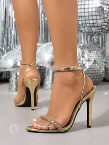 Jin Bei Qi Women's Sexy Elegant One-Strap Round Toe Stiletto High Heel Sandals, Comfortable Gold High Heels For Party And Occasion