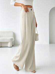 Elegant Women's Long Straight Leg Polyester Pants Featuring Draped Design Button Closure And Pockets - Khaki - View 5