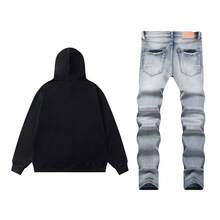 Men's Printed Hoodie High StreetEurope And AmericaStyle Loose Hole Casual Pants Set - màu đen - Xem 2