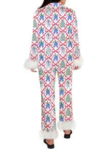 Women's Valentine Bow Print Feather Trim Loungewear Set - Satin Button-Front Pajama Set With Fluffy Cuff Detail For Spring - Giáng sinh trắng - Xem 6