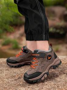 Boys' Winter Plush Thick High-Top Hook And Loop Outdoor Sports Shoes, Comfortable & Versatile, Stylish Snow Boots For Halloween