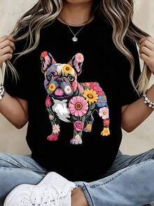 Black T-Shirt With Colorful Floral French Bulldog Print - Casual Wear For Women, Perfect For Daily Outings, Beach, Or Street Style - 黑色 - 查看 1