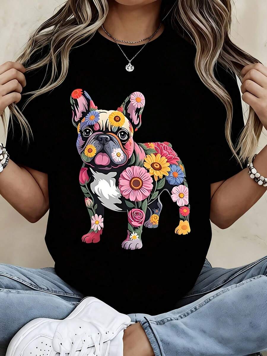 Black T-Shirt With Colorful Floral French Bulldog Print - Casual Wear For Women, Perfect For Daily Outings, Beach, Or Street Style - 黑色 - 查看 1