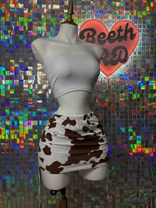 Conjunto de top y falda con jaretas de estampado de vaca - Café integral - Ver 1