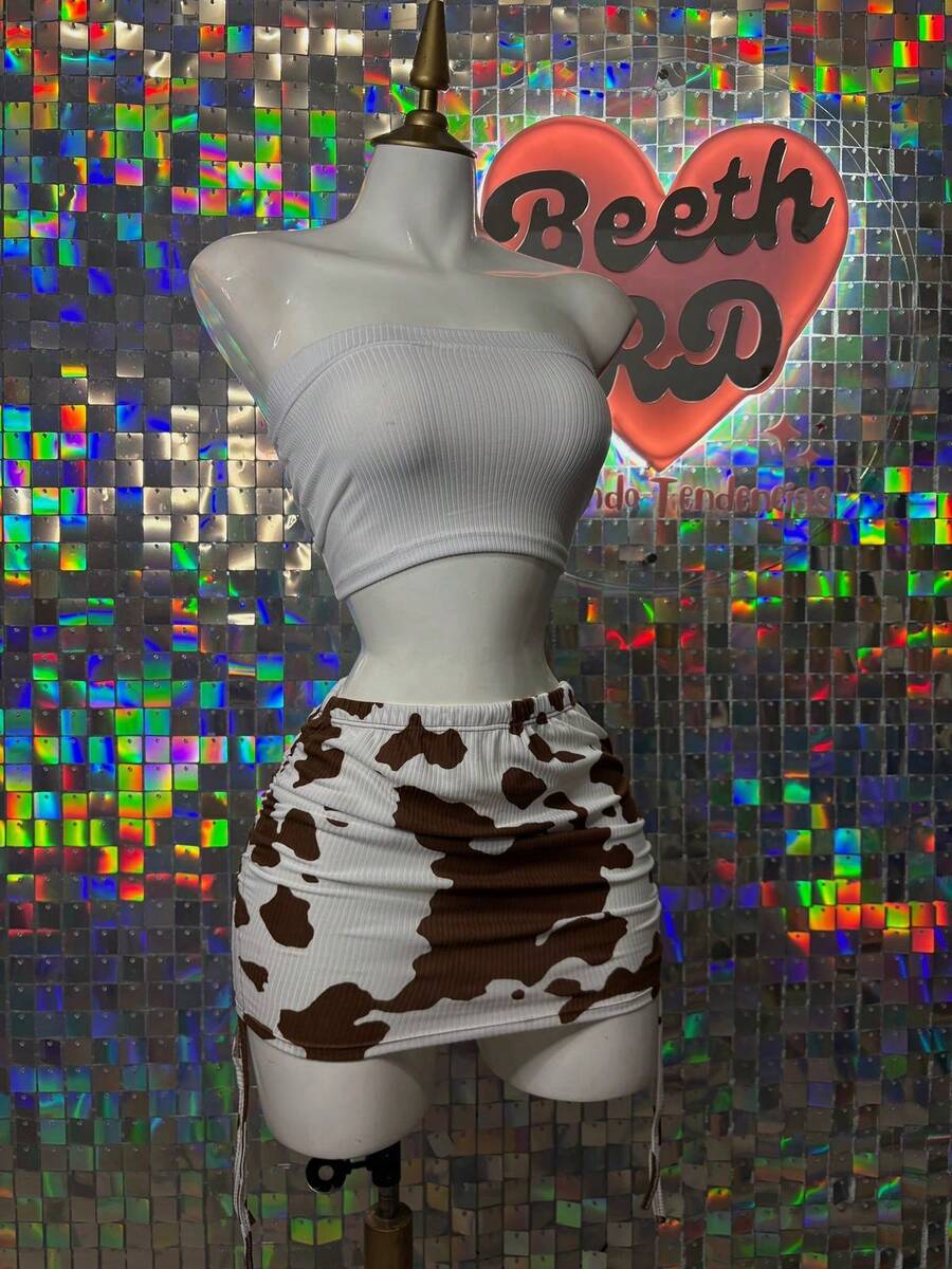 Conjunto de top y falda con jaretas de estampado de vaca - Café integral - Ver 1
