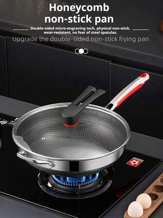 1 pieza Wok de acero inoxidable, apto para uso doméstico, campamento al aire libre, cocina de gas, placa de inducción, cocinar bistec, huevos, pescado, panqueques, antiadherente, gran capacidad con tapa y asa, 32cm/34cm/36cm