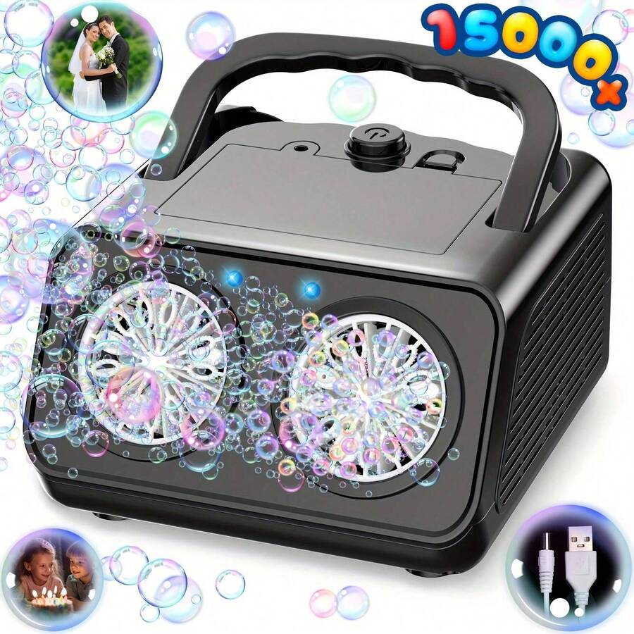 Automatic Bubble Blower Machine - High Capacity Electric Bubble Maker With 2 Fans, 20,000+ Bubbles Per Minute, For Kids & Adults, Dual Power (Battery & Plug-In), Ideal For Parties & Outdoor Play - 黑色 - 查看 1