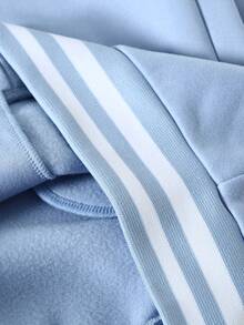 Oversized Light Blue White Color Block Baseball Jacket - Streetwear Vintage Inspired Soft Fabric Casual Coat For Men & Women - 淺藍白色 - 查看 7