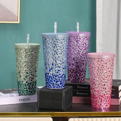 1 Copo de Bolha Artesanal de 355ml, Copo com Canudo de Plástico PS de Camada Dupla, Copo Criativo de Diamante de Gema de Grande Capacidade de 650ml, Copo Manual, Copo de Diamante Portátil