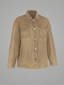 女式休闲宽松牛仔夹克，单排扣口袋，秋季 - 棕色 - 查看 3