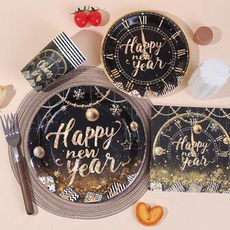 50pcs/20pcs/10pcs,Happy New Year Party Supplies Black And Gold Tableware Set New Years Eve Paper Plates,Cups And Napkins New Year 2026 Party Decorations Dinnerware Holiday Party Celebration,New Years Eve Party Supplies 2026, Decorations 2026
