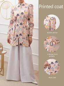 cimmuovere Women's Long Sleeve Puff Sleeve Long Open Front Collar Waist Tie Cute Print Scrubs Nurse Scrubs Workwear Dentist Healthcare Pet Hospital Laboratory Jacket Spring - Dusty Pink - View 3