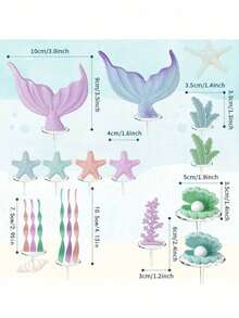 17pcs Mermaid Tail Cake Decorations, Ocean Series Cake Decorations, Fantasy Mermaid Tail Cake Decoration Accessories, Seaweed Coral Shell Starfish Cake Inserts, Suitable For Baptism Cake Decorations, Birthday Cake Decorations, Babyshower Party Cake Decorations, Mermaid Theme Cake Decoration Party Supplies (Soft Rubber Material, Reusable)