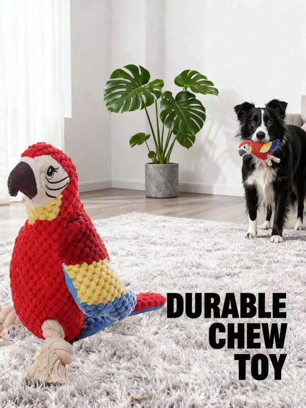 1pc Premium Dog Toy Squeaky Crinkle Corduroy Parrot Plush BlueRedYellow Chew-Resistant Teeth Cleaning Rope Feet Interactive Puppy Playmate Macaw