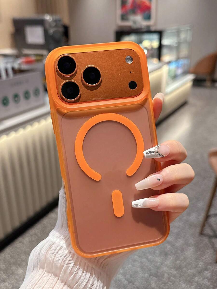 1pc Creative Anti-Fingerprint, Anti-Oil, Translucent Matte Wireless Charging Magsafe Magnetic Phone Case Compatible With IPhone 11, 13, 14 Pro Max, 15, 15 Pro, 15 Pro Max, 16, 16 Pro, 16 Plus, 16 Pro Max - Orange - View 1