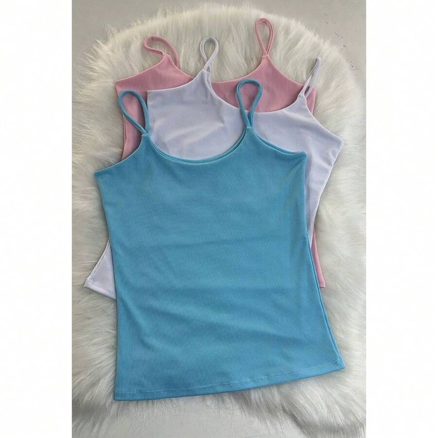 Kit 3 Women's Suplex Ribbed Tank Top With Thin Straps, Ribbed Blouse, Summer Stylish, Fashion Blogger Colors, Summer - 藍色/白色/粉紅色 - 查看 1
