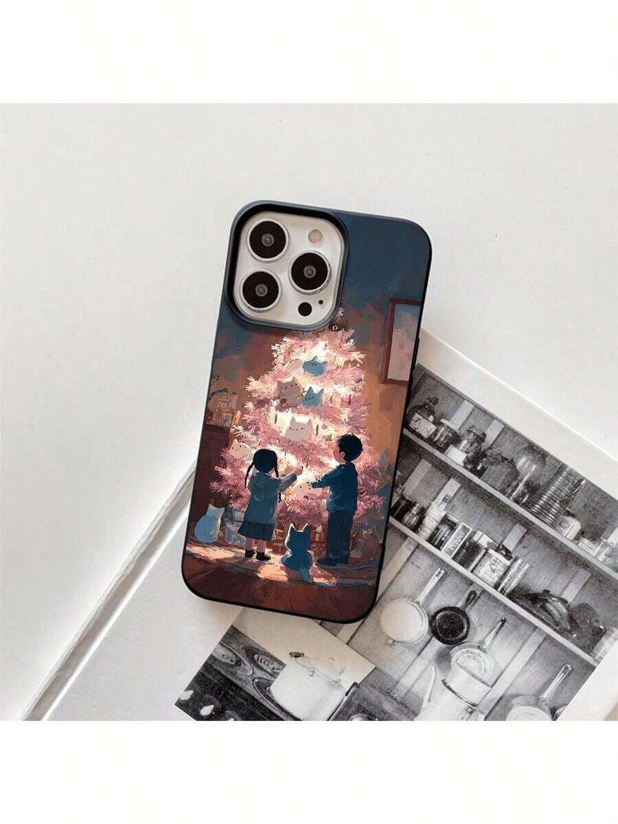 Children Gather Around The Christmas Tree And Present Large Hole-Pattern Imitations Of Liquid Phone Cases And Protective Covers That Are Compatible With The Series 17, 16 Pro Max, 16, 15 Pro, 14, 14 Plus, 14 Pro Max, 13, 13 Pro, 12 Pro, And 11/11 Pro Max. These As Gifts For Halloween, Christmas, And Thanksgiving, Perfect For Friends And Family. - Negro - Ver 1