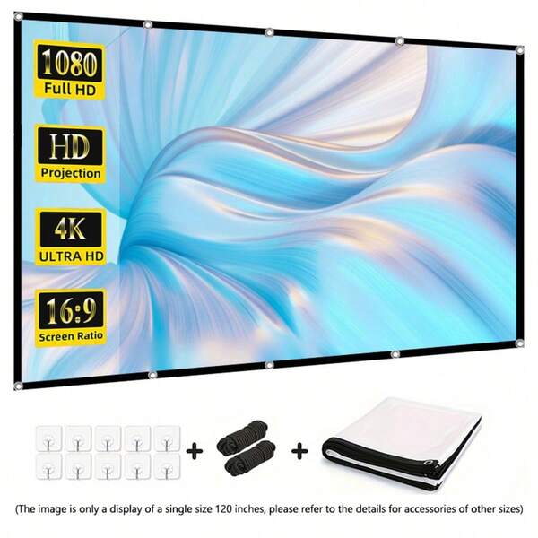 60, 72, 84, 100, 120, 150 Inches, Easy To Install, Washable, Ironable, Reusable, Foldable, High-Definition 16:9 Folding Design Projection Screen, With Multiple Sizes To Choose From, Suitable For Indoor/Outdoor Home Theaters And Offices, Conference Room Projection Screens, No Drilling Required, Easy To Install Projection Screen - With Rope Version
