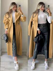conjunto 4pz Elegante abrigo manga globo, midi de antelina con solapa y botones, blusa manga larga raglán y cuello de tortuga y pantalon vinil y cinturón para mujer - Camel - Ver 3