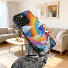 Cubierta de teléfono con diseño de arcoíris y nubes, color azul vibrante, estampado artístico de paisaje mágico con montañas y bosque, ideal para uso diario en interiores y exteriores Carcasa de teléfono de moda de color plata, adecuada para teléfonos Galaxy de apple. - Negro - Ver 5