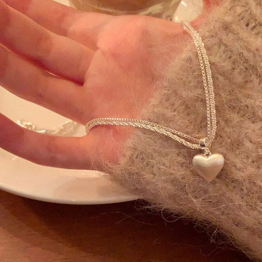 Women Pendant Necklaces - Double-layered Brushed Heart - View 1