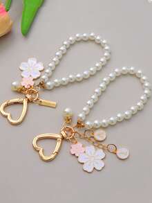 1pc Japanese Faux Sakura Flower & English Letter Charm, Metal Keychain Pendant, White Pearl Bag Decor, Birthday Gift For Mother And Female Friends - Multicolor - View 8