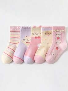 5 Pairs Of Children's Autumn And Winter Socks, Cute Pink Socks With Kitten Pattern, Girls' Socks - Multicolor - View 11