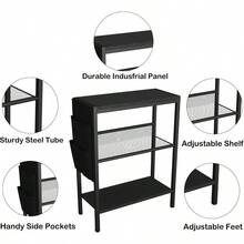 Small Narrow Side Table Small Spaces, Slim End Table With Storage Bag, Sofa Snack Table With Adjustable Metal Mesh, 3 Tier Accent Beside Table Living Room Bedroom, Rustic Brown