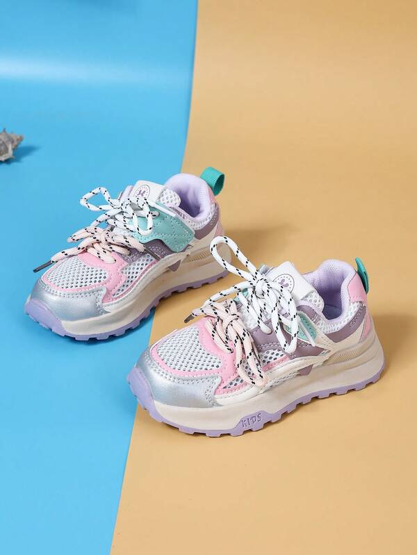 1 Pair Girls' Mesh Sneakers, Color Block Design, Casual Everyday Wear, Suitable For School