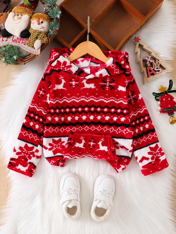 Sudadera con capucha de franela de manga larga informal con estampado de renos navideños, adecuada para primavera, otoño e invierno para niño pequeño