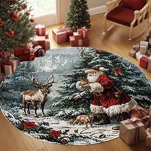 1 pezzo Tappeto da area in flanella a tema natalizio: Babbo Natale che interagisce con le renne, circondato da boschi innevati, albero di Natale con ornamenti e fiori di poinsettia. Lavabile, adatto per camera da letto, soggiorno, balcone, casa, hotel, ufficio e decorazione per le feste - Multicolore - Visualizzare 6